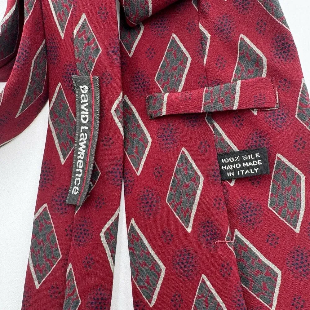 Vintage David Lawrence Silk Tie 80s 90s Burgundy Diamond Geometric Necktie Italy